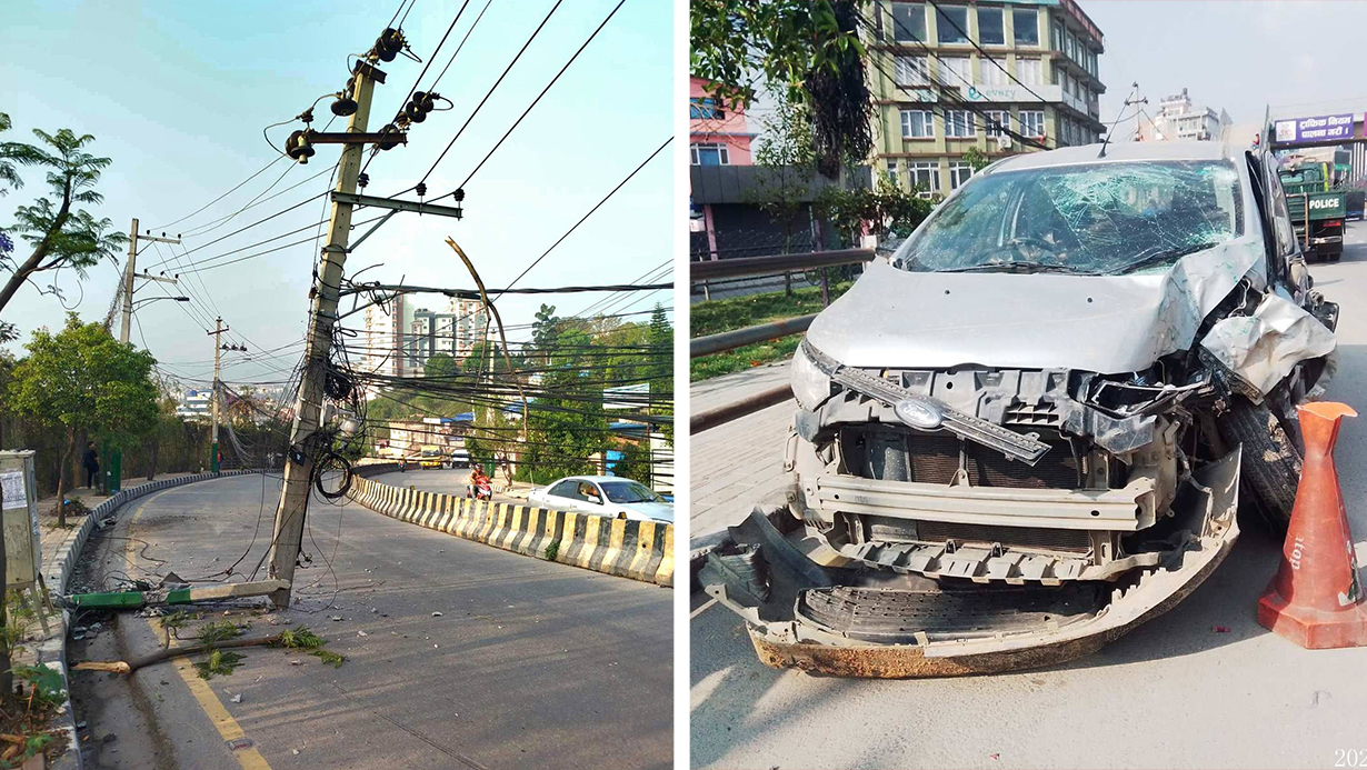 ललितपुरमा कारको ठक्करले ११ हजार भोल्टको पोल ढल्यो, तीन जना घाइते